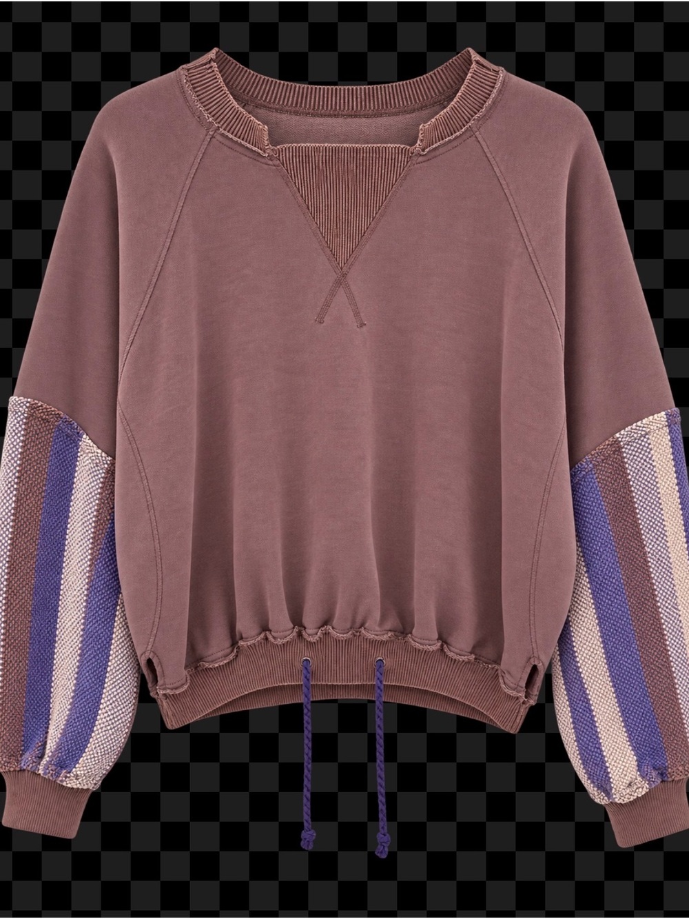 We The Free Mauve Crewneck Sweater with Striped Knit Sleeves